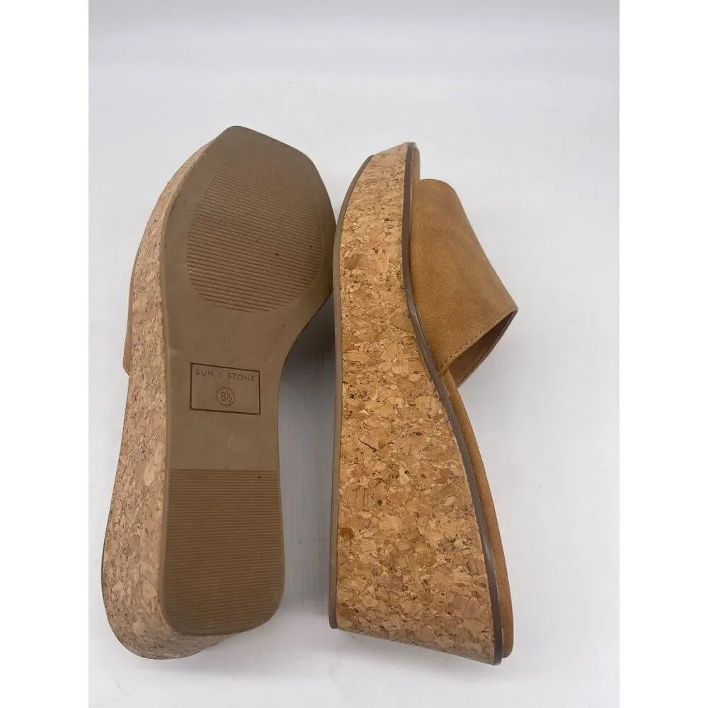 Sun + Stone Charlotte Women Tan Open-Toe Slip-On Wedge Shoe Size 8.5
